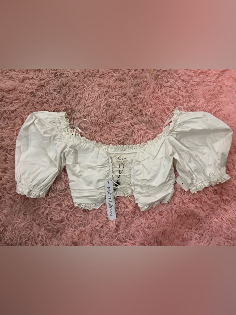 For Love & Lemons White Off-Shoulder Puff Sleeve Lace-Up Crop Top XS - Picture 3 of 8